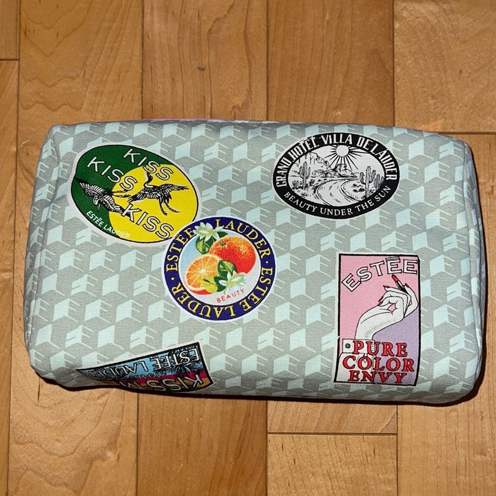 Estee Lauder Makeup Cosmetic Brush Bag Zipper Stamps Print